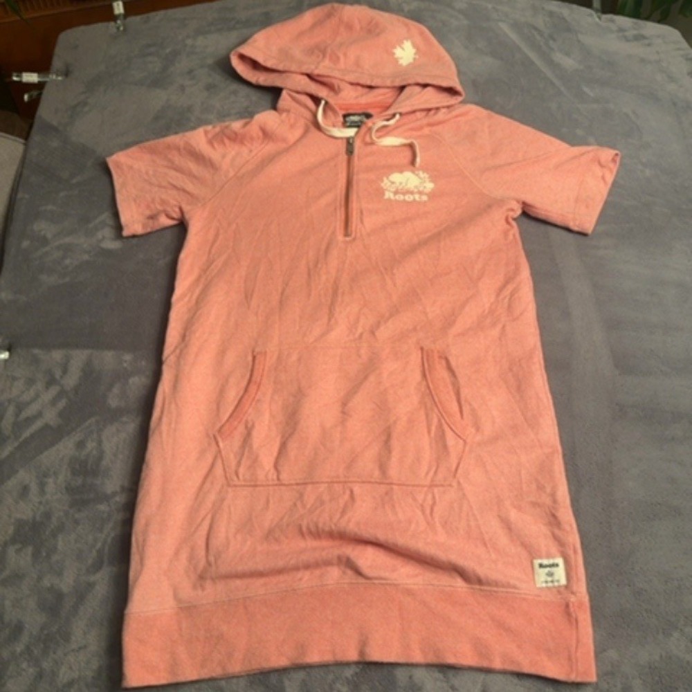 Roots Hoodie Dress Women Small Coral Short Sleeve Half Zip Graphic Logo Casual
